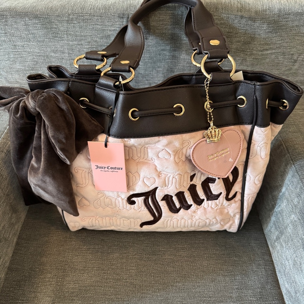 Juicy Couture Vintage Dreams Tote Blush Pink and Chocolate Brown Bow